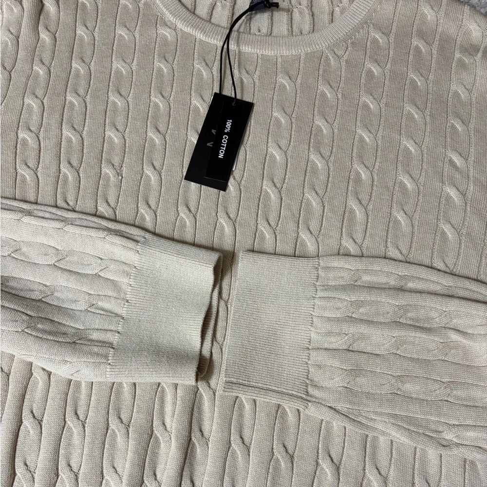Magaschoni Cable Knit Sweater XXL 100% Cotton Cream Crewneck Lightweight NWT